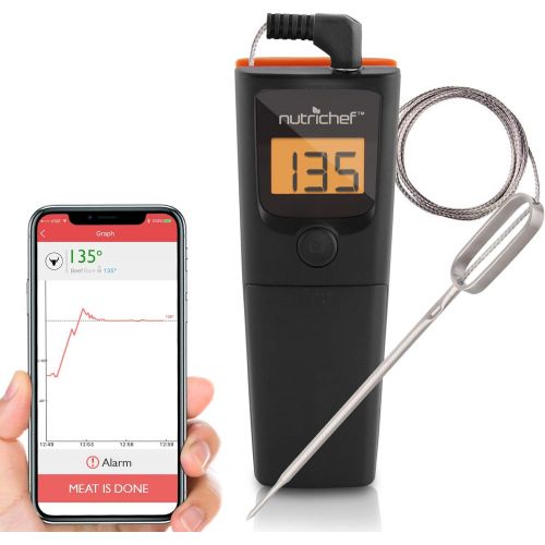  NutriChef PWIRBBQ90 Bluetooth Meat Thermometer - for Grilling Smart Wireless Kitchen Remote Instant Read BBQ Temperature Probe for Grill, Oven, Smoker, Cooking, Smoking Food w/ Dig