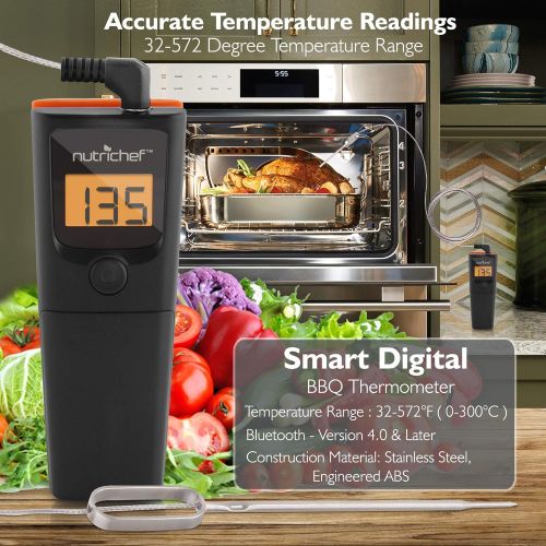  NutriChef PWIRBBQ90 Bluetooth Meat Thermometer - for Grilling Smart Wireless Kitchen Remote Instant Read BBQ Temperature Probe for Grill, Oven, Smoker, Cooking, Smoking Food w/ Dig