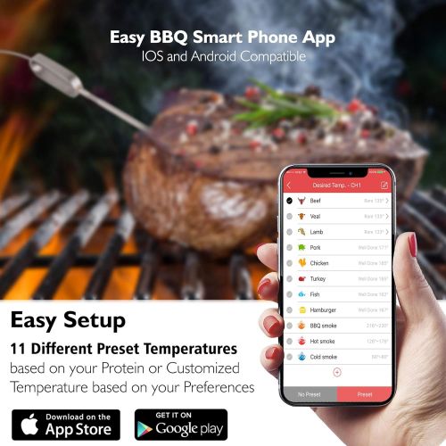  NutriChef PWIRBBQ90 Bluetooth Meat Thermometer - for Grilling Smart Wireless Kitchen Remote Instant Read BBQ Temperature Probe for Grill, Oven, Smoker, Cooking, Smoking Food w/ Dig