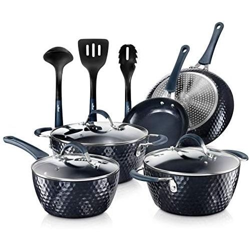  Nutrichef Nonstick Cookware Excilon Home Kitchen Ware Pots & Pan Set with Saucepan Frying Pans, Cooking Pots, Lids, Utensil PTFE/PFOA/PFOS free, 11 Pcs, Blue Diamond