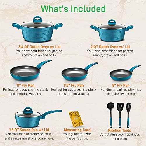  NutriChef 12-Piece Nonstick Kitchen Cookware Set - PTFE/PFOA/PFOS-Free Heat Resistant Lacquer Kitchen Ware Pots Pan Set Light Gray/Green - Saucepot, Pans, Cooking Pot Oven Pot, Lid, Utensil