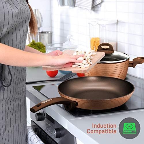  NutriChef 12-Piece Nonstick Kitchen Cookware Set - PTFE/PFOA/PFOS-Free Heat Resistant Lacquer Kitchen Ware Pots Pan Set Coffee/Brown - Saucepot, Pans, Cooking Pot, Oven Pot, Lid, Utensil - N