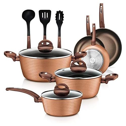  NutriChef 12-Piece Nonstick Kitchen Cookware Set - PTFE/PFOA/PFOS-Free Heat Resistant Lacquer Kitchen Ware Pots Pan Set Coffee/Brown - Saucepot, Pans, Cooking Pot, Oven Pot, Lid, Utensil - N