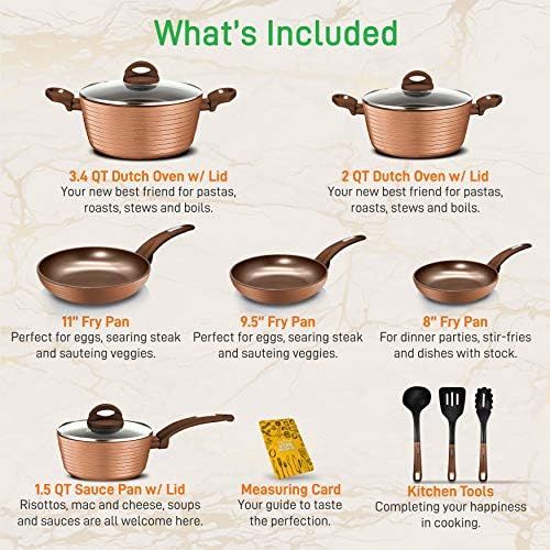  NutriChef 12-Piece Nonstick Kitchen Cookware Set - PTFE/PFOA/PFOS-Free Heat Resistant Lacquer Kitchen Ware Pots Pan Set Coffee/Brown - Saucepot, Pans, Cooking Pot, Oven Pot, Lid, Utensil - N