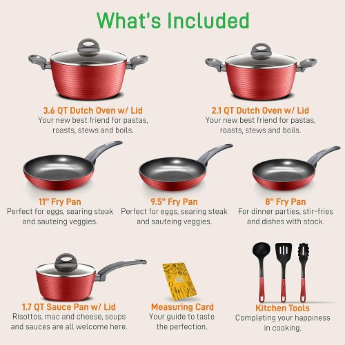  NutriChef 12-Piece Nonstick Kitchen Cookware Set - PTFE/PFOA/PFOS-Free Heat Resistant Lacquer Kitchen Ware Pots Pan Set Dark Gray/Red- Saucepot, Pans, Cooking Pot Oven Pot, Lid, Utensil - Nu