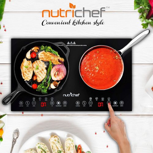  [아마존베스트]NutriChef Double Induction Cooktop - Portable 120V Portable Digital Ceramic Dual Burner w/ Kids Safety Lock - Works with Flat Cast Iron Pan,1800 Watt,Touch Sensor Control, 12 Controls - Nutr