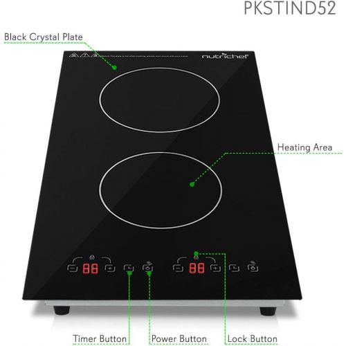  [아마존베스트]NutriChef Dual 120V Electric Induction Cooker - 1800w Portable Digital Ceramic Countertop Double Burner Cooktop w/ Countdown Timer - Works w/ Stainless Steel Pan / Magnetic Cookware - NutriC