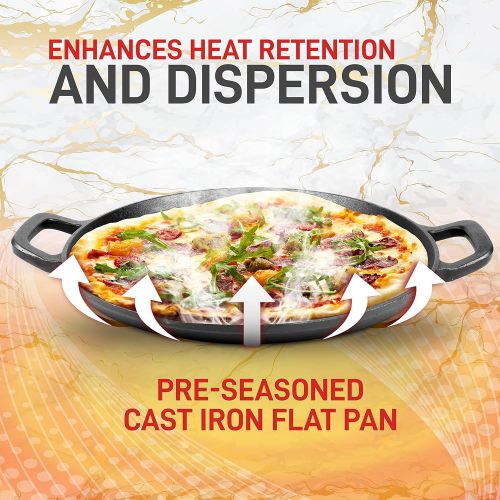  [아마존베스트]NutriChef 14 Cast Iron Baking Pan Steel Pizza W/Easy Grip Gas, Electric, Glass, Induction Cooker, Oven, Grill/Campfire-2 Silicone Handles, Standard, Black
