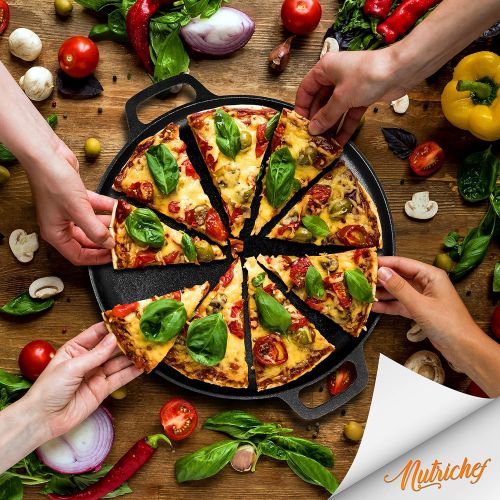  [아마존베스트]NutriChef 14 Cast Iron Baking Pan Steel Pizza W/Easy Grip Gas, Electric, Glass, Induction Cooker, Oven, Grill/Campfire-2 Silicone Handles, Standard, Black