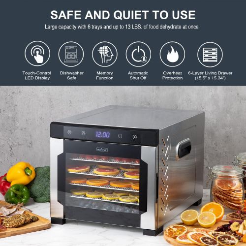  [아마존베스트]NutriChef Electric Countertop Food Dehydrator Machine - 600-Watt Premium Multi-Tier Meat Beef Jerky Maker Fruit/Vegetable Dryer w/ 6 Stainless Steel Trays, Digital Timer, Temperature Control