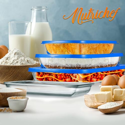  NutriChef 4 Sets Glass Bakeware - High Borosilicate Rectangular Glass Baking Dish w/ Blue BPA-Free PE Lids, Freezer-to-Oven Home Kitchen Bake Casserole Food Storage Stackable Tray