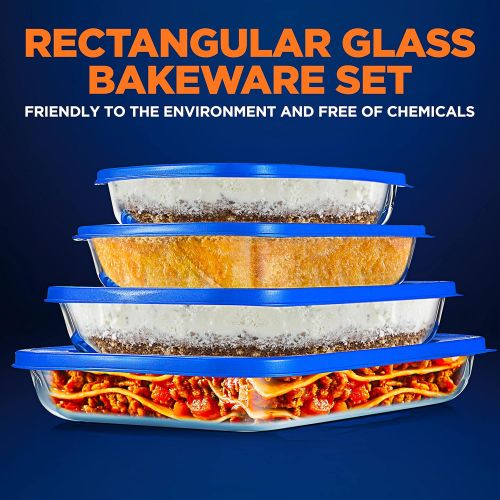  NutriChef 4 Sets Glass Bakeware - High Borosilicate Rectangular Glass Baking Dish w/ Blue BPA-Free PE Lids, Freezer-to-Oven Home Kitchen Bake Casserole Food Storage Stackable Tray