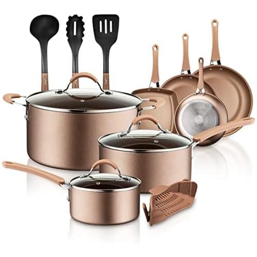  NutriChef 14-Piece Nonstick Cookware PTFE/PFOA/PFOS-Free Heat Resistant Lacquer Kitchen Ware Set w/Saucepan, Frying Pans, Cooking, Dutch Oven Pot, Lids, Utensil NCCW14S, AGold