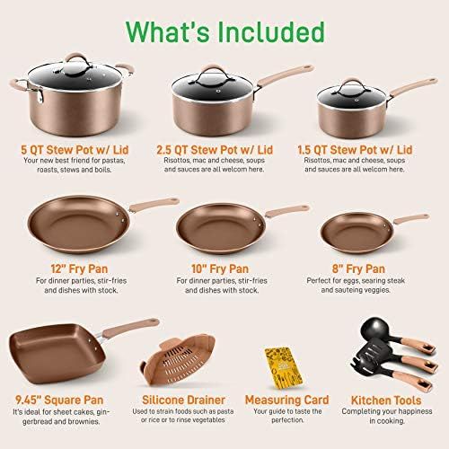  NutriChef 14-Piece Nonstick Cookware PTFE/PFOA/PFOS-Free Heat Resistant Lacquer Kitchen Ware Set w/Saucepan, Frying Pans, Cooking, Dutch Oven Pot, Lids, Utensil NCCW14S, AGold