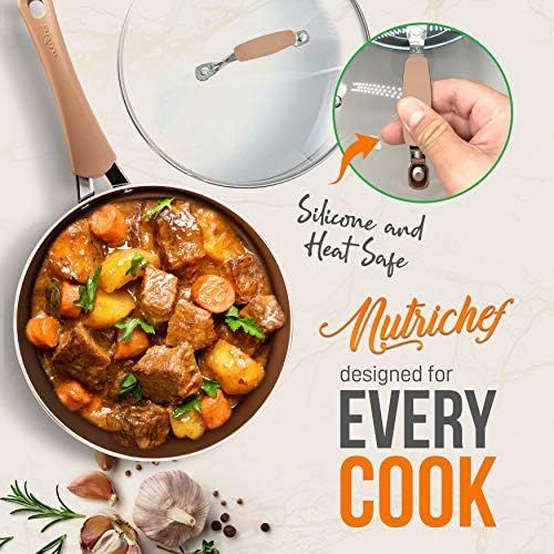  NutriChef 14-Piece Nonstick Cookware PTFE/PFOA/PFOS-Free Heat Resistant Lacquer Kitchen Ware Set w/Saucepan, Frying Pans, Cooking, Dutch Oven Pot, Lids, Utensil NCCW14S, AGold