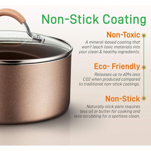  NutriChef 14-Piece Nonstick Cookware PTFE/PFOA/PFOS-Free Heat Resistant Lacquer Kitchen Ware Set w/Saucepan, Frying Pans, Cooking, Dutch Oven Pot, Lids, Utensil NCCW14S, AGold