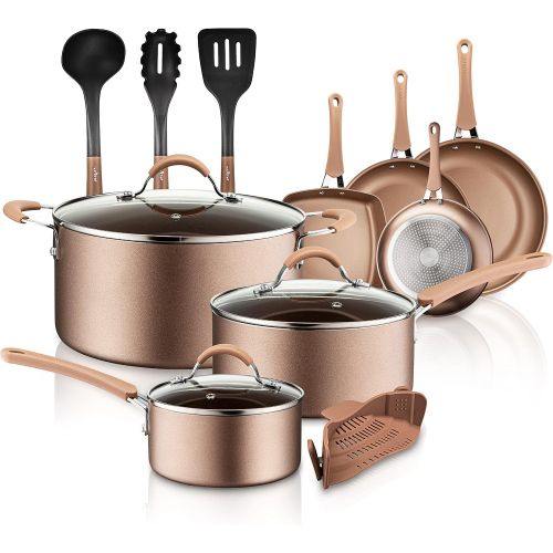  NutriChef 14-Piece Nonstick Cookware PTFE/PFOA/PFOS-Free Heat Resistant Lacquer Kitchen Ware Set w/Saucepan, Frying Pans, Cooking, Dutch Oven Pot, Lids, Utensil NCCW14S, AGold