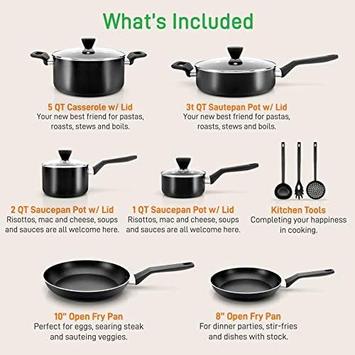  NutriChef 13-Piece Nonstick Cookware PTFE/PFOA/PFOS Free Heat Resistant Kitchen Ware Set w/Saucepan, Frying Pans, Cooking Pots, Casserole, Lids, Ladle, Fork, Strainer NCCWA13, Blac