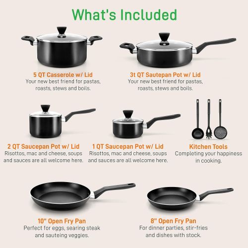  NutriChef 13-Piece Nonstick Cookware PTFE/PFOA/PFOS Free Heat Resistant Kitchen Ware Set w/Saucepan, Frying Pans, Cooking Pots, Casserole, Lids, Ladle, Fork, Strainer NCCWA13, Blac