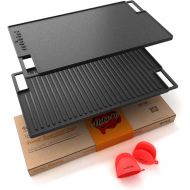 NutriChef Cast Iron Reversible Grill Plate - 18 Inch Flat Cast Iron Skillet Griddle Pan For Stove Top, Gas Range Grilling Pan w/ Silicone Oven Mitt For Electric Stovetop, Ceramic,