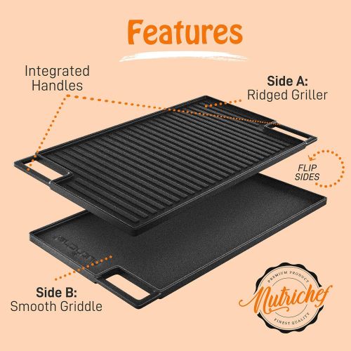  NutriChef Cast Iron Reversible Grill Plate - 18 Inch Flat Cast Iron Skillet Griddle Pan For Stove Top, Gas Range Grilling Pan w/ Silicone Oven Mitt For Electric Stovetop, Ceramic,