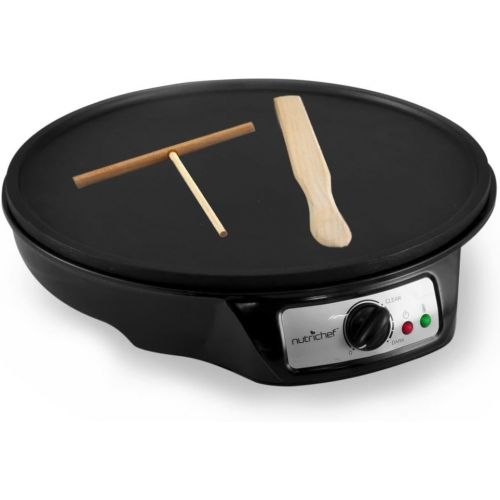  NutriChef Aluminum Griddle Hot Plate Cooktop - Nonstick 12-Inch Electric Crepe Maker w/ LED Indicator Light and Adjustable Temperature Control, Wooden Spatula and Batter Spreader Included -