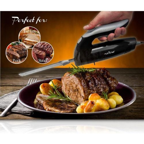  Upgraded Premium NutriChef Electric Knife - 8.9 Carving Knife, Serrated Blades, Lightweight, Ergonomic Design Easy Grip, Easy Blade Removal, Great For Thanksgiving, Meat & Cheese,