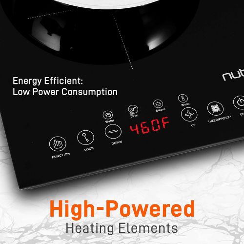  [아마존베스트]NutriChef Double Induction Cooktop - Portable 120V Portable Digital Ceramic Dual Burner w/ Kids Safety Lock - Works with Flat Cast Iron Pan,1800 Watt,Touch Sensor Control, 12 Controls - Nutr