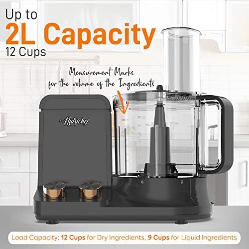  [아마존베스트]NutriChef NCFPG9 Multipurpose & Ultra Quiet Powerful Motor, Includes 6 Attachment Blades 12 Cup Multifunction Food Processor, Up to 2L Capacity, Pre-Set Speed Function Black Chrome