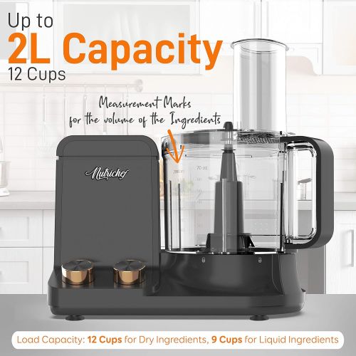  [아마존베스트]NutriChef NCFPG9 Multipurpose & Ultra Quiet Powerful Motor, Includes 6 Attachment Blades 12 Cup Multifunction Food Processor, Up to 2L Capacity, Pre-Set Speed Function Black Chrome