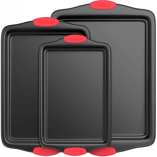  [아마존베스트]Nutrichef Kitchen Oven Baking Pans-Deluxe Nonstick Gray Coating Inside & Outside Carbon Steel Bakeware Set With Red Silicone Handles (3-Pieces), Black