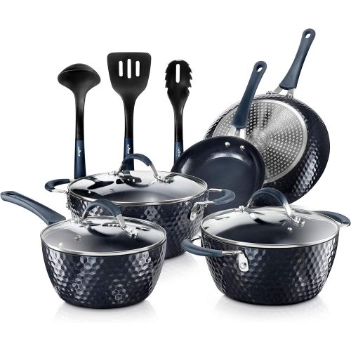  [아마존베스트]Nutrichef Nonstick Cookware Excilon Home Kitchen Ware Pots & Pan Set with Saucepan Frying Pans, Cooking Pots, Lids, Utensil PTFE/PFOA/PFOS free, 11 Pc, Blue Diamond