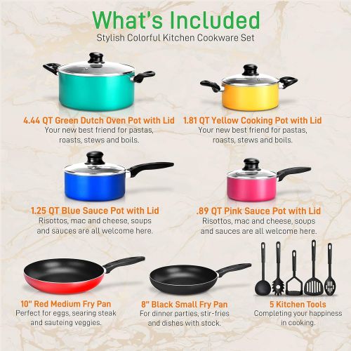  [아마존베스트]NutriChef 15-Piece Nonstick Kitchen Cookware Set PTFE/PFOA/PFOS- Free | Colorful Heat Resistant Lacquer Kitchen Ware Pots Pan Set w/ Saucepot, Frying Pans, Pots, Oven Pot, Lids, 5 Utensil -