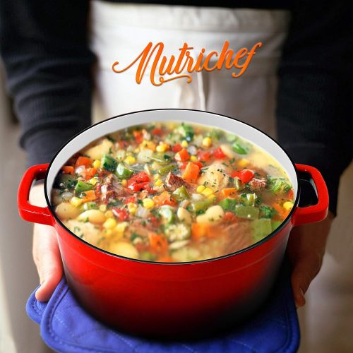  [아마존베스트]NutriChef Enameled Cast Iron Dutch Oven - 5-Quart Kitchen Round Dutch Oven Stovetop Casserole Cookware Braising Pot, Porcelain Enamel Coated Cast-Iron Baking Pots w/ Self Basting L