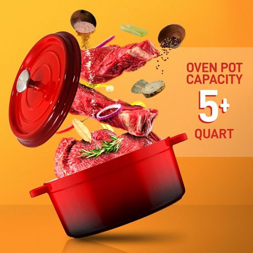  [아마존베스트]NutriChef Enameled Cast Iron Dutch Oven - 5-Quart Kitchen Round Dutch Oven Stovetop Casserole Cookware Braising Pot, Porcelain Enamel Coated Cast-Iron Baking Pots w/ Self Basting L