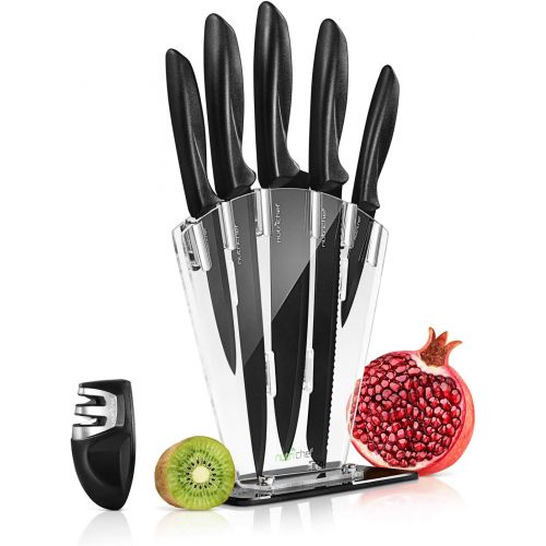  [아마존베스트]7 Piece Kitchen Knife Set - Stainless Steel Kitchen Precision Knives Set w/ 5 Knives & Bonus Sharpener, Acrylic Block Stand - Cutting Slicing, Chopping, Dicing - NutriChef NCKNS7X