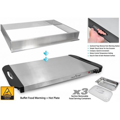  NutriChef 3 Tray Buffet Server & Hot Plate Food Warmer | Tabletop Electric Food Warming Tray | Easy Clean Stainless Steel | Portable & Great for Parties & Events | Max Temp 175F |