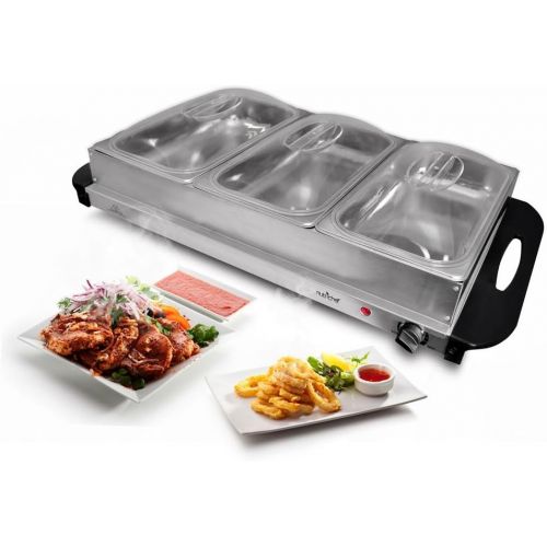  NutriChef 3 Tray Buffet Server & Hot Plate Food Warmer | Tabletop Electric Food Warming Tray | Easy Clean Stainless Steel | Portable & Great for Parties & Events | Max Temp 175F |