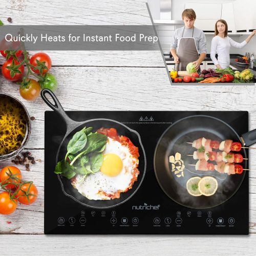  NutriChef Dual 120V Electric Induction Cooker - 1800w Portable Digital Ceramic Countertop Double Burner Cooktop w Kids Safety Lock - Works w Stainless Steel Pan  Magnetic Cookware - Nutri