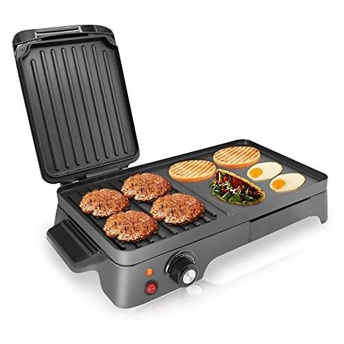  NutriChef Electric Griddle - Dual Hot Plate Cooktop Crepe Maker with Press Grill, Nonstick Coating, Rotary Temperature Control, Plug-in Operation & Oil Tray for Kitchen & Counterto