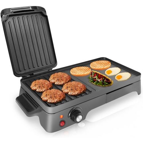  NutriChef Electric Griddle - Dual Hot Plate Cooktop Crepe Maker with Press Grill, Nonstick Coating, Rotary Temperature Control, Plug-in Operation & Oil Tray for Kitchen & Counterto