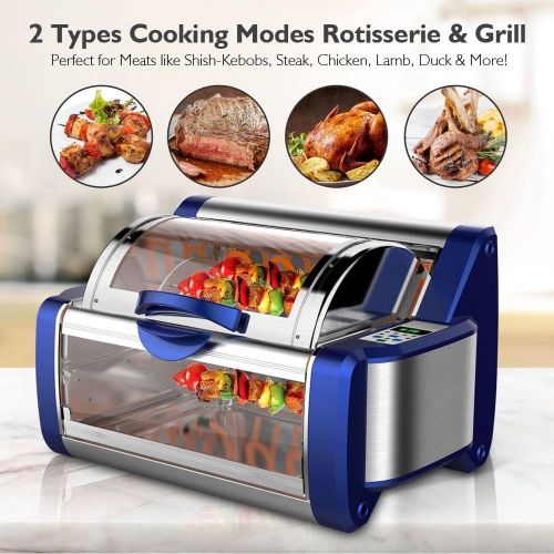  NutriChef Digital Countertop Rotisserie - Grill Oven Rotating Roaster Oven Stain Resistant Stainless Steel, Tempered Glass Includes Kebob Rack with 7 Skewers (PKRTVG65BL)