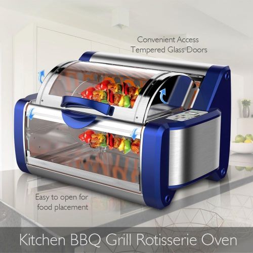  NutriChef Digital Countertop Rotisserie - Grill Oven Rotating Roaster Oven Stain Resistant Stainless Steel, Tempered Glass Includes Kebob Rack with 7 Skewers (PKRTVG65BL)