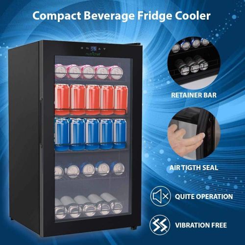  NutriChef 132-Can Canned Beverage Mini Fridge - 18.69 Gallon FreestandingKitchen Countertop Black Electric Beverage Center Cooler Soda Beer Refrigerator wBuilt-in Fan, Clear Glass Door - N