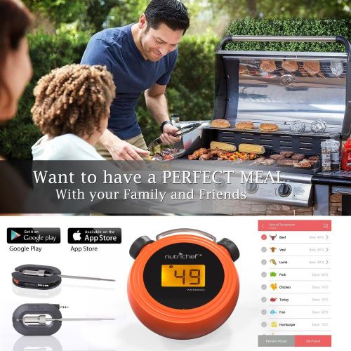  NutriChef Smart Bluetooth BBQ Grill Thermometer - Digital Display, Stainless Dual Probes Safe to Leave in Outdoor Barbecue Meat Smoker - Wireless Remote Alert iOS Android Phone WiFi App - Nu