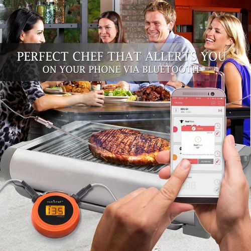  NutriChef Smart Bluetooth BBQ Grill Thermometer - Digital Display, Stainless Dual Probes Safe to Leave in Outdoor Barbecue Meat Smoker - Wireless Remote Alert iOS Android Phone WiFi App - Nu