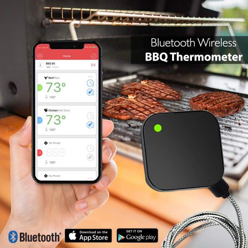  NutriChef Smart Bluetooth BBQ Grill Thermometer - Upgraded Stainless Probe Safe to Leave in Oven, Outdoor Barbecue or Meat Smoker - Wireless Remote Alert iOS Android Phone WiFi App - NutriCh