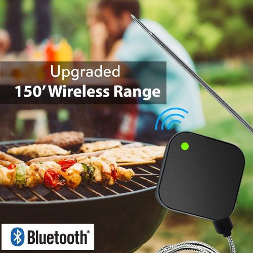  NutriChef Smart Bluetooth BBQ Grill Thermometer - Upgraded Stainless Probe Safe to Leave in Oven, Outdoor Barbecue or Meat Smoker - Wireless Remote Alert iOS Android Phone WiFi App - NutriCh