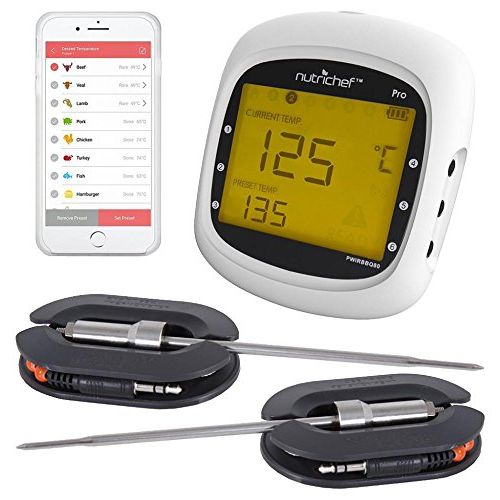  Smart Bluetooth BBQ Grill Thermometer - Upgraded Stainless Dual Probes Safe to Leave in Outdoor Barbecue Meat Smoker - Wireless Remote Alert iOS Android Phone WiFi App - NutriChef