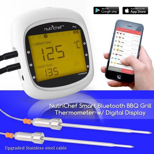  Smart Bluetooth BBQ Grill Thermometer - Upgraded Stainless Dual Probes Safe to Leave in Outdoor Barbecue Meat Smoker - Wireless Remote Alert iOS Android Phone WiFi App - NutriChef